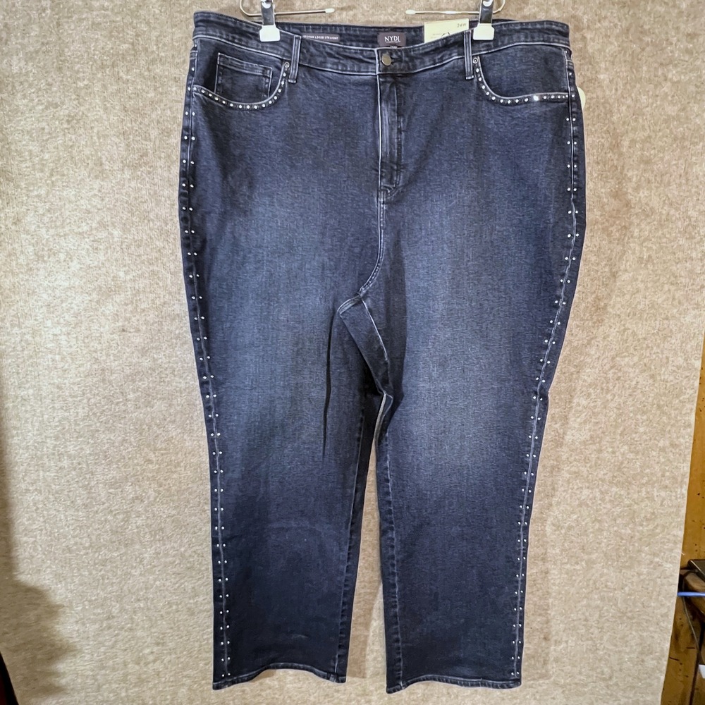 NYDJ Brooke Loose Straight Jeans Womens 24W Rhinestone Dark Wash Denim NWT